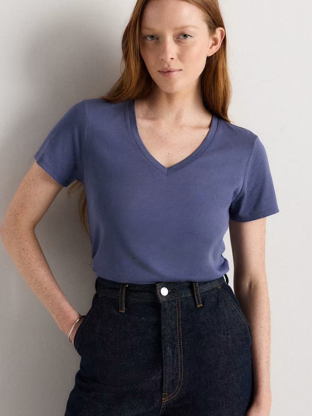 Quince Women's Cotton Modal V-Neck Tee in Storm Blue Large